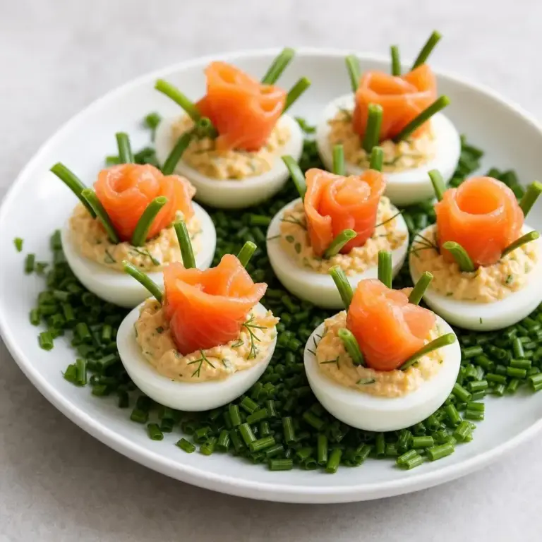 Œufs durs farcis en forme de fleurs au saumon et fromage sur lit de ciboulette