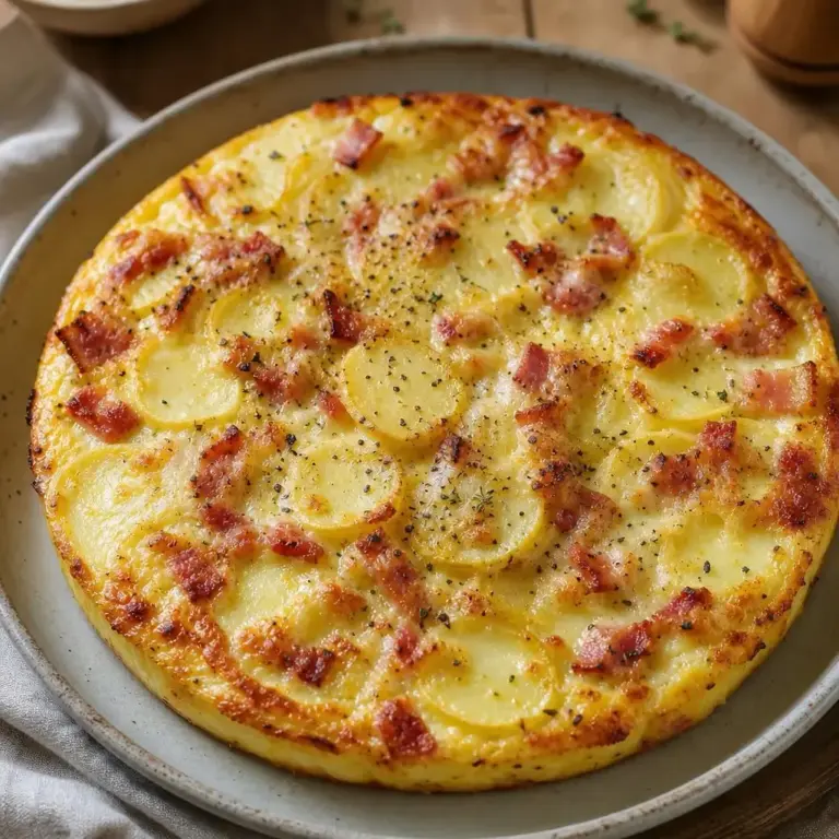 Quiche sans pâte crémeuse aux pommes de terre, lardons et fromage